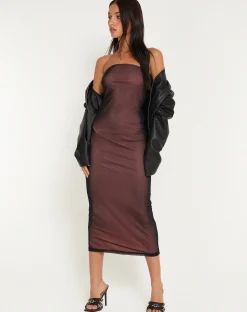 Motel Rocks Party Dresses | Midi Dresses-Rosbandi Bandeau Midi Dress in Black Pink Lining BlackWithPinkLining
