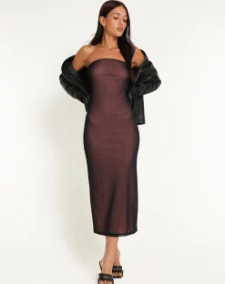 Motel Rocks Party Dresses | Midi Dresses-Rosbandi Bandeau Midi Dress in Black Pink Lining BlackWithPinkLining
