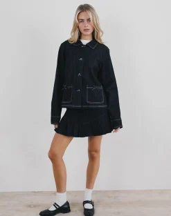 Motel Rocks Jackets-Rosdi Bow Embellished Jacket in Dark Indigo
