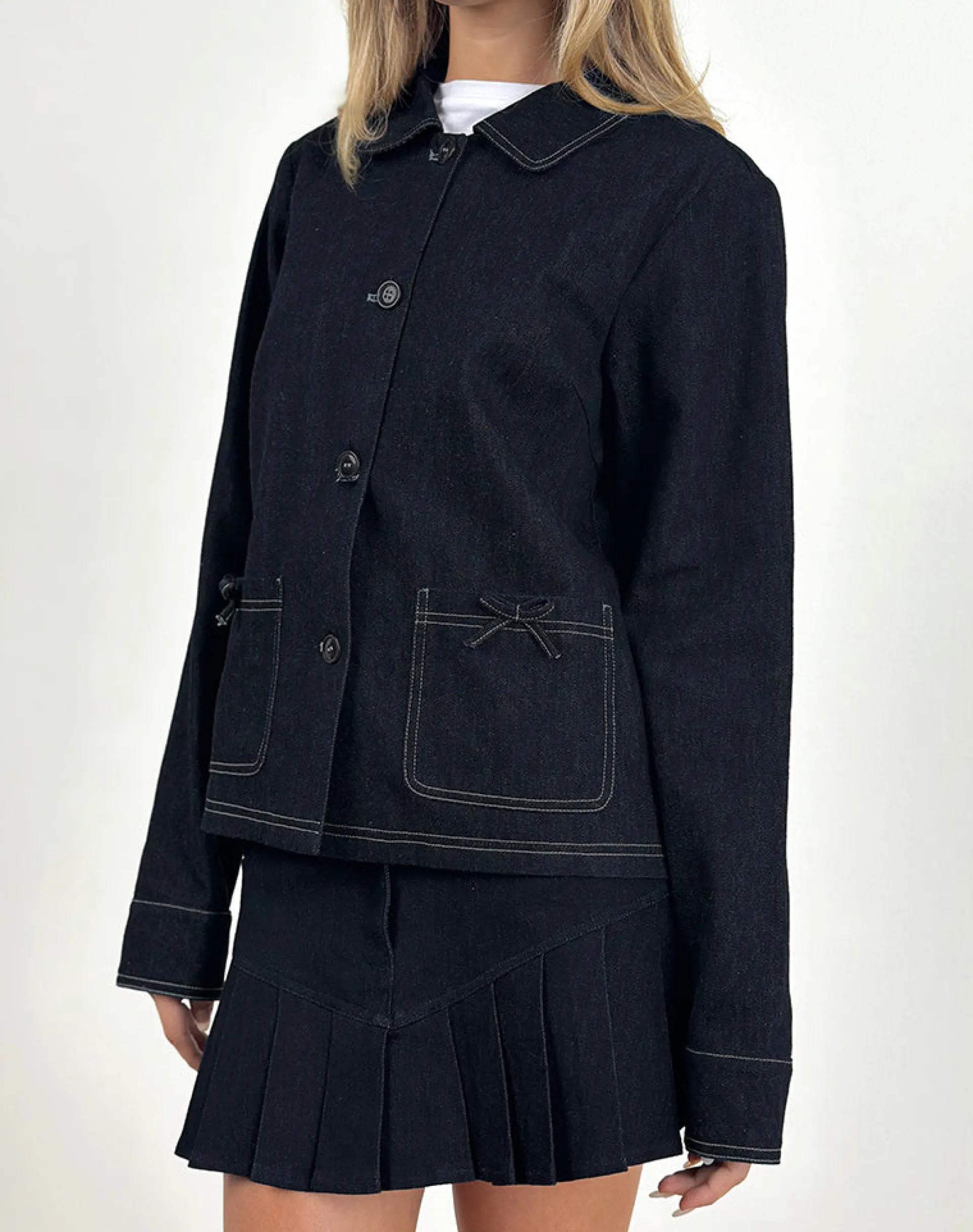Motel Rocks Jackets-Rosdi Bow Embellished Jacket in Dark Indigo