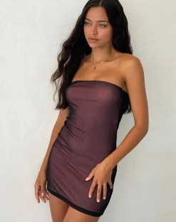 Motel Rocks Bodycon Dresses | Party Dresses-Rowena Bandeau Mesh Mini Dress in Black with Pink Lining