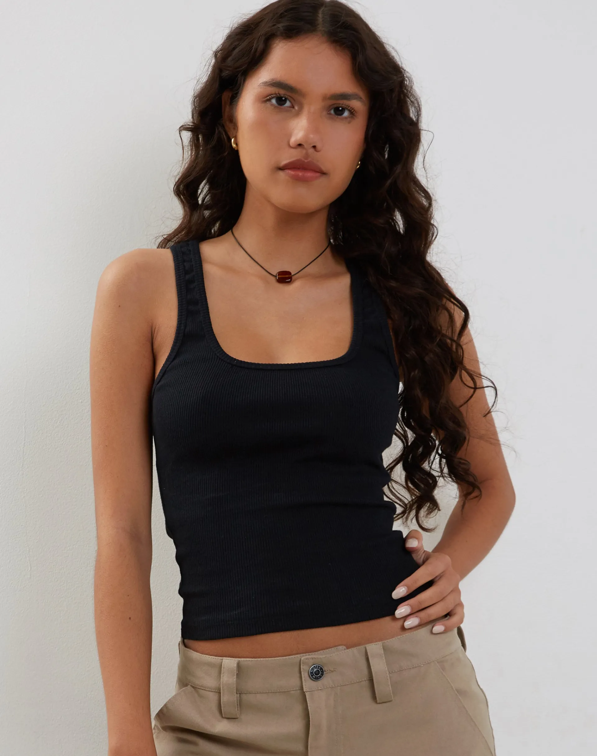 Motel Rocks Basics | Basic Tops-Roxe Ribbed Vest Top in black