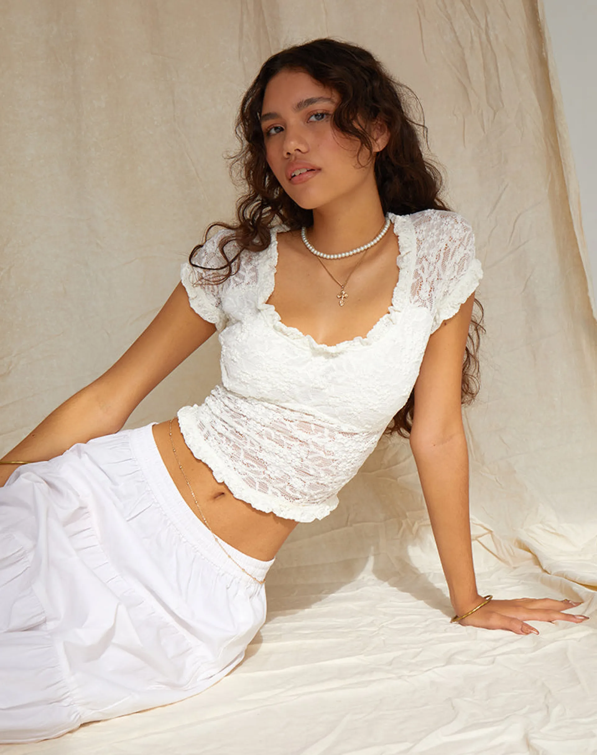 Motel Rocks Lace Tops-Rufte Top in Lace Ivory LaceIvory