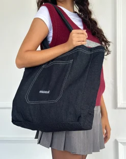 Motel Rocks Accessories-Ruka Tote Bag in Denim Indigo with White Motel Embroidery