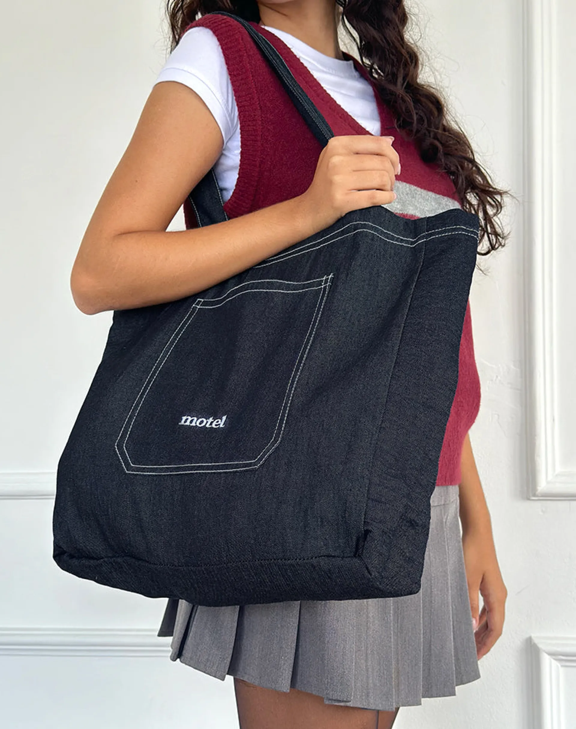 Motel Rocks Accessories-Ruka Tote Bag in Denim Indigo with White Motel Embroidery