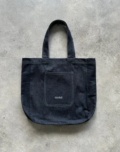 Motel Rocks Accessories-Ruka Tote Bag in Denim Indigo with White Motel Embroidery