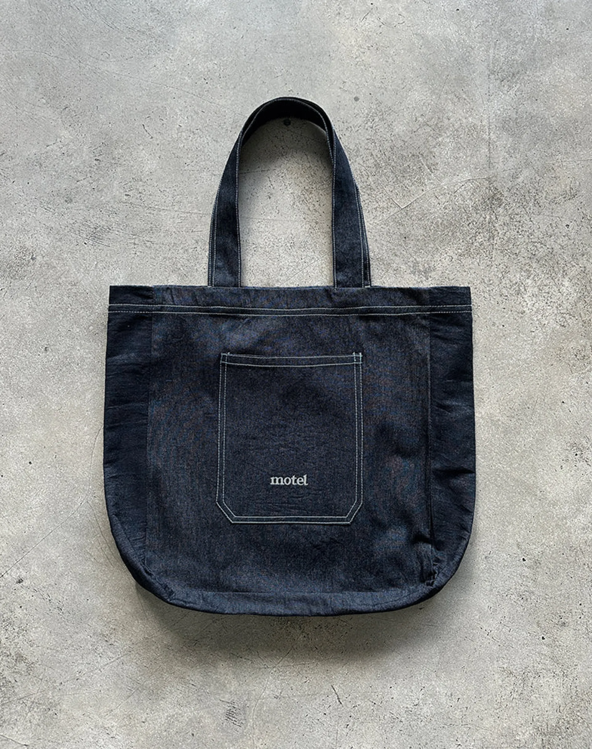 Motel Rocks Accessories-Ruka Tote Bag in Denim Indigo with White Motel Embroidery