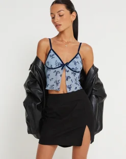 Motel Rocks Printed Tops-Rumako Open Front Crop Top in Light Blue Black Botanist Flocking