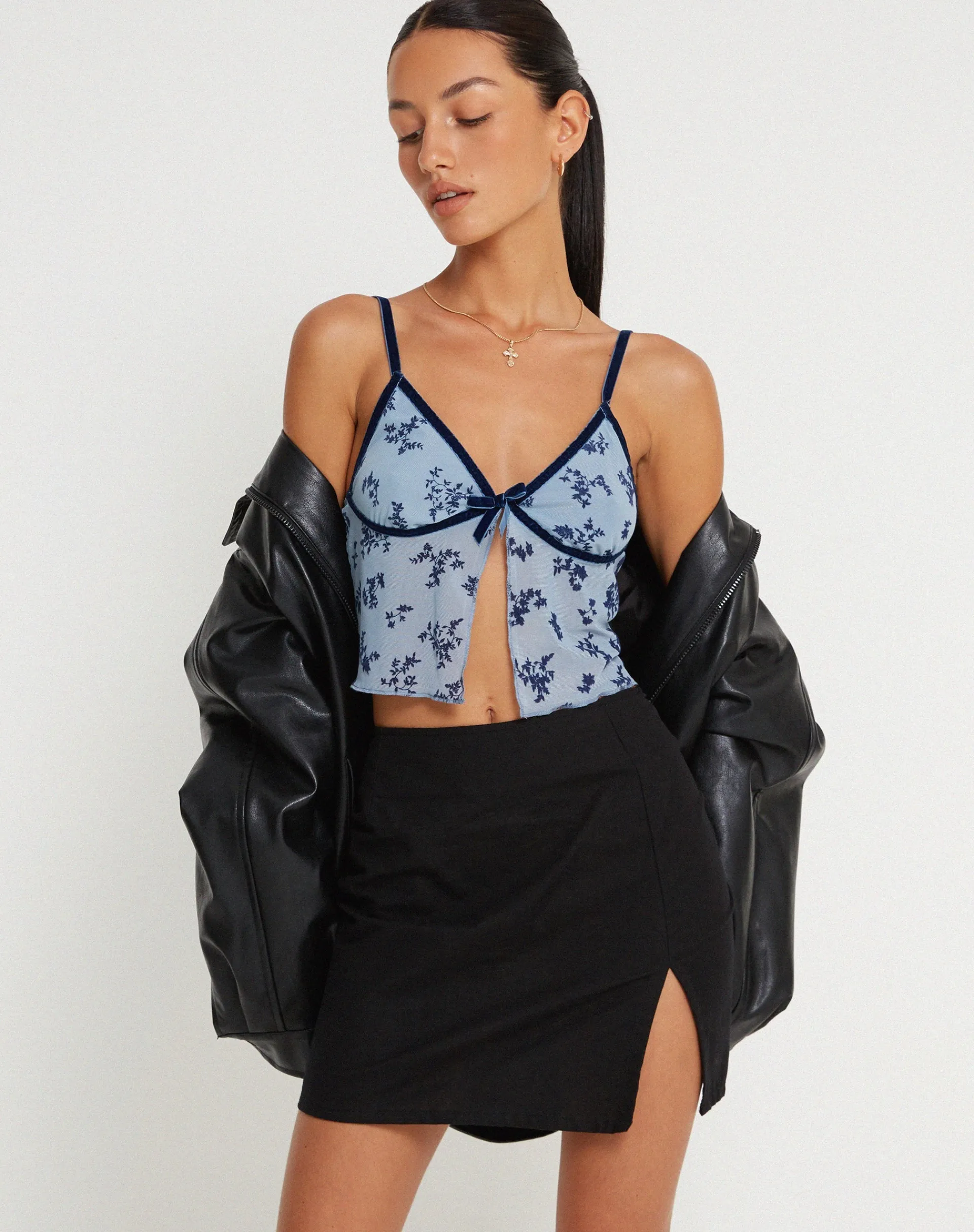 Motel Rocks Printed Tops-Rumako Open Front Crop Top in Light Blue Black Botanist Flocking