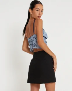 Motel Rocks Printed Tops-Rumako Open Front Crop Top in Light Blue Black Botanist Flocking