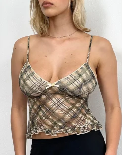 Motel Rocks Printed Tops-Rumaysa Cami Top in Printed Lace Retro Plaid PrintedLaceRetroPlaid