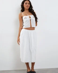 Motel Rocks Midi Skirts-Rusma Midi Skirt in White Broderie