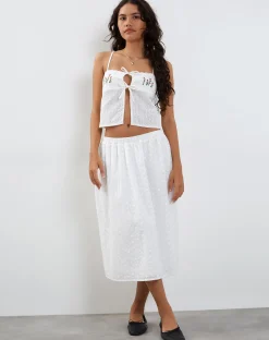 Motel Rocks Midi Skirts-Rusma Midi Skirt in White Broderie