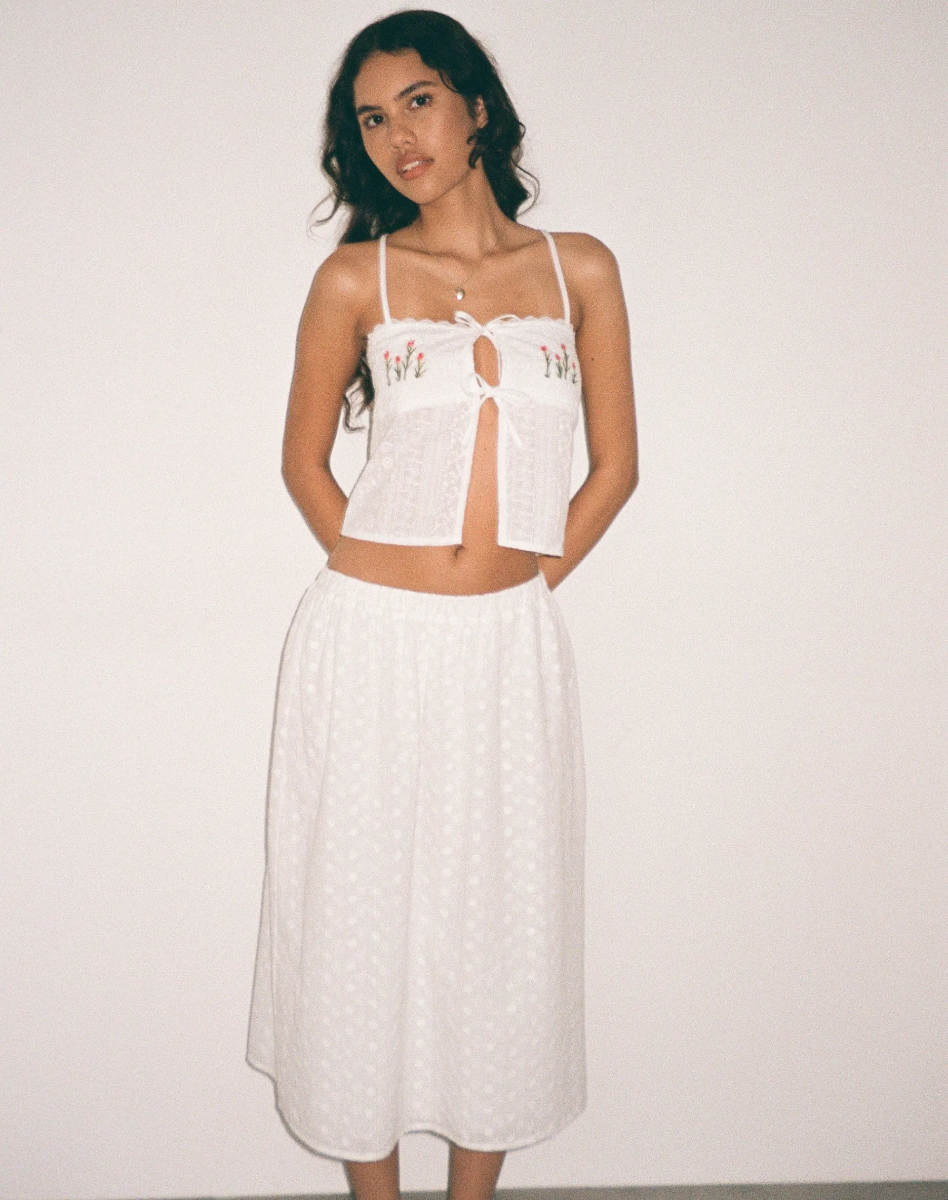 Motel Rocks Midi Skirts-Rusma Midi Skirt in White Broderie