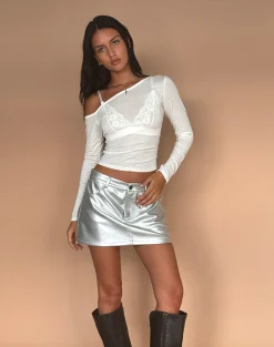 Motel Rocks A Line Skirts | Mini Skirts-Rwila Skirt in Metallic PU Silver