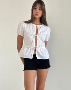 Motel Rocks Basic Tops | Going Out Tops-Ryota Tie Front Blouse in White with White Binding WhitewithWhiteBinding