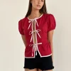 Motel Rocks Tailoring | Shirts And Blouses-Ryota Tie Front Blouse in Adrenaline Red with Pink Binding AdrenalineRedwithPinkBinding