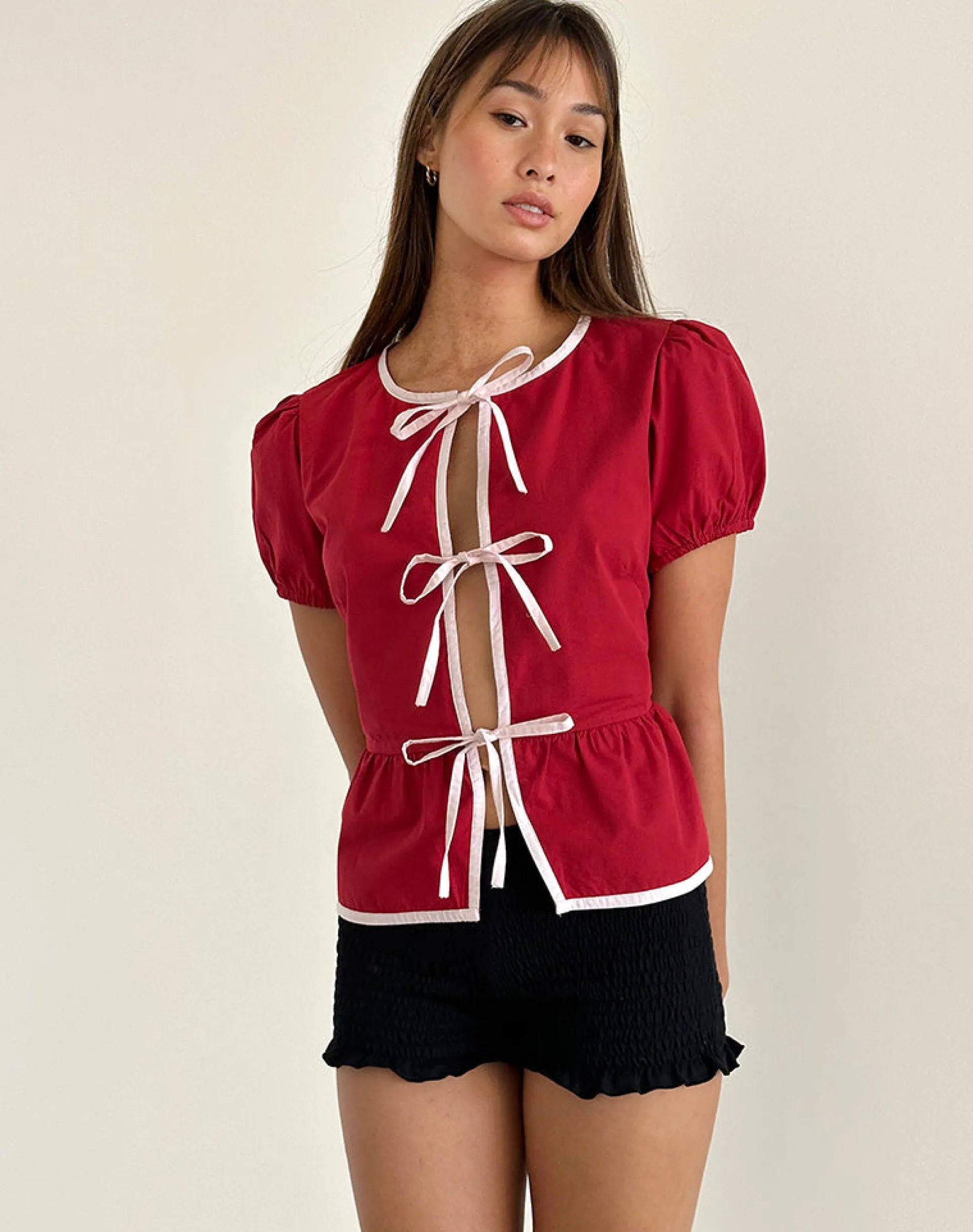 Motel Rocks Tailoring | Shirts And Blouses-Ryota Tie Front Blouse in Adrenaline Red with Pink Binding AdrenalineRedwithPinkBinding