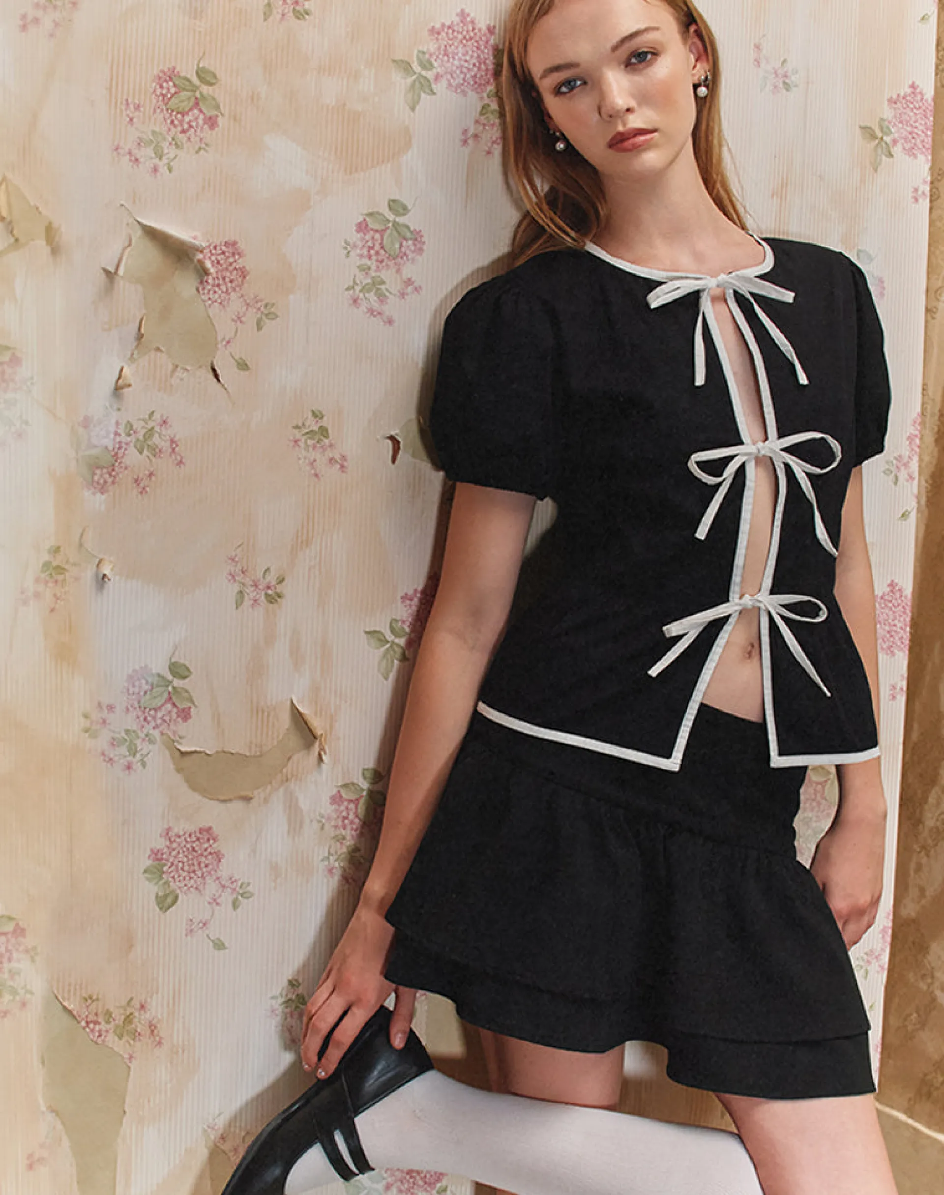 Motel Rocks Tailoring | Shirts And Blouses-Ryota Tie Front Blouse in Black with White Binding BlackwithWhiteBinding