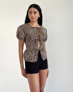 Motel Rocks Shirts And Blouses-Ryota Tie Front Blouse in Leopard Sandstorm LeopardSandstorm