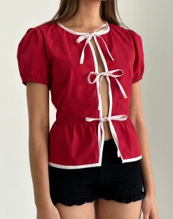 Motel Rocks Tailoring | Shirts And Blouses-Ryota Tie Front Blouse in Adrenaline Red with Pink Binding AdrenalineRedwithPinkBinding