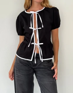 Motel Rocks Tailoring | Shirts And Blouses-Ryota Tie Front Blouse in Black with White Binding BlackwithWhiteBinding