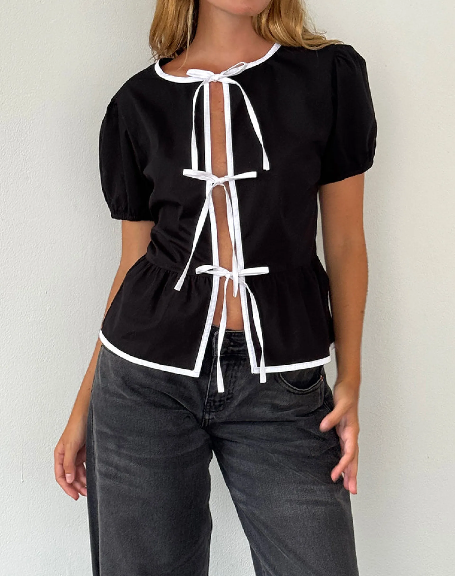 Motel Rocks Tailoring | Shirts And Blouses-Ryota Tie Front Blouse in Black with White Binding BlackwithWhiteBinding
