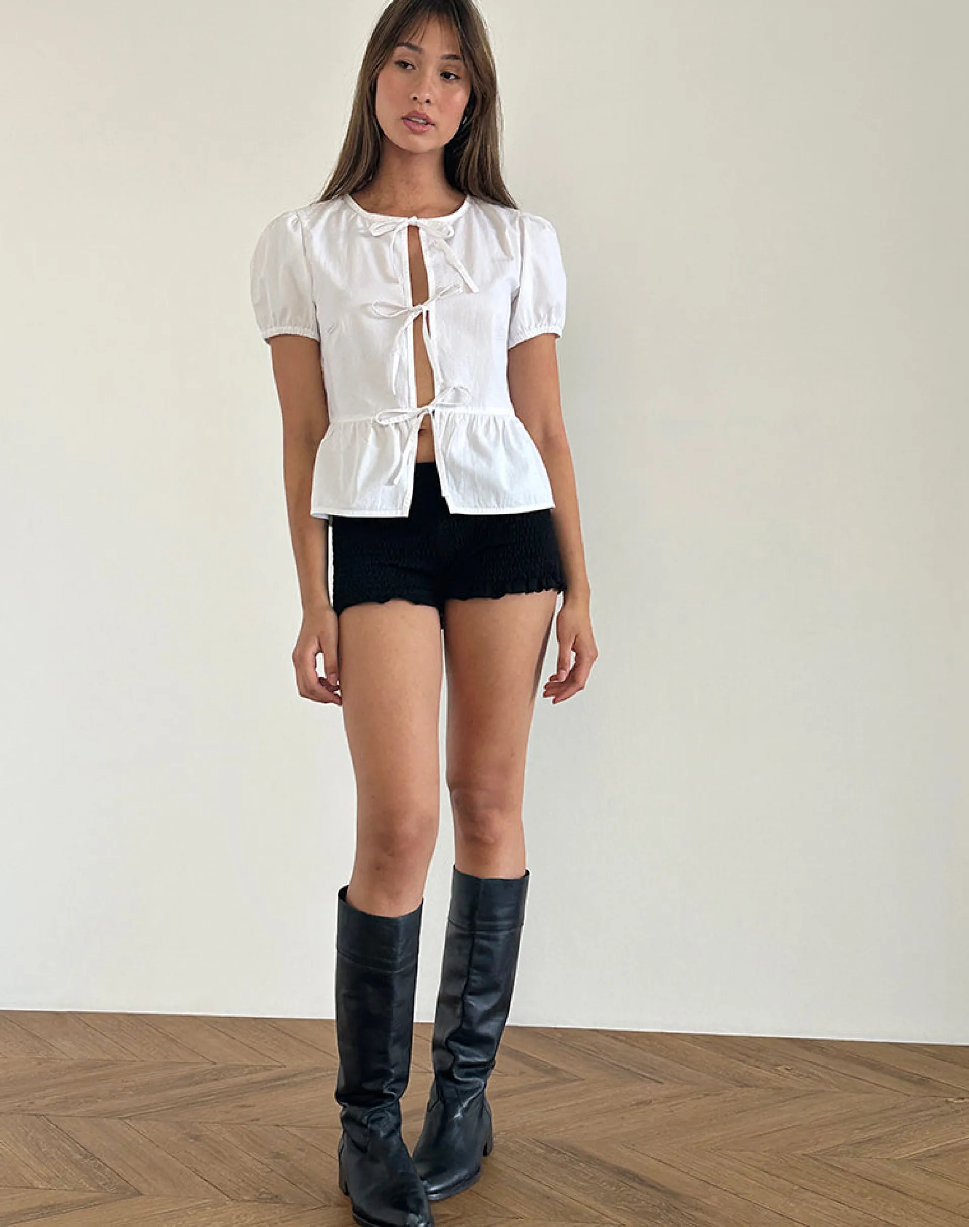 Motel Rocks Basic Tops | Going Out Tops-Ryota Tie Front Blouse in White with White Binding WhitewithWhiteBinding