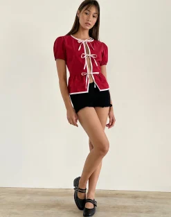Motel Rocks Tailoring | Shirts And Blouses-Ryota Tie Front Blouse in Adrenaline Red with Pink Binding AdrenalineRedwithPinkBinding