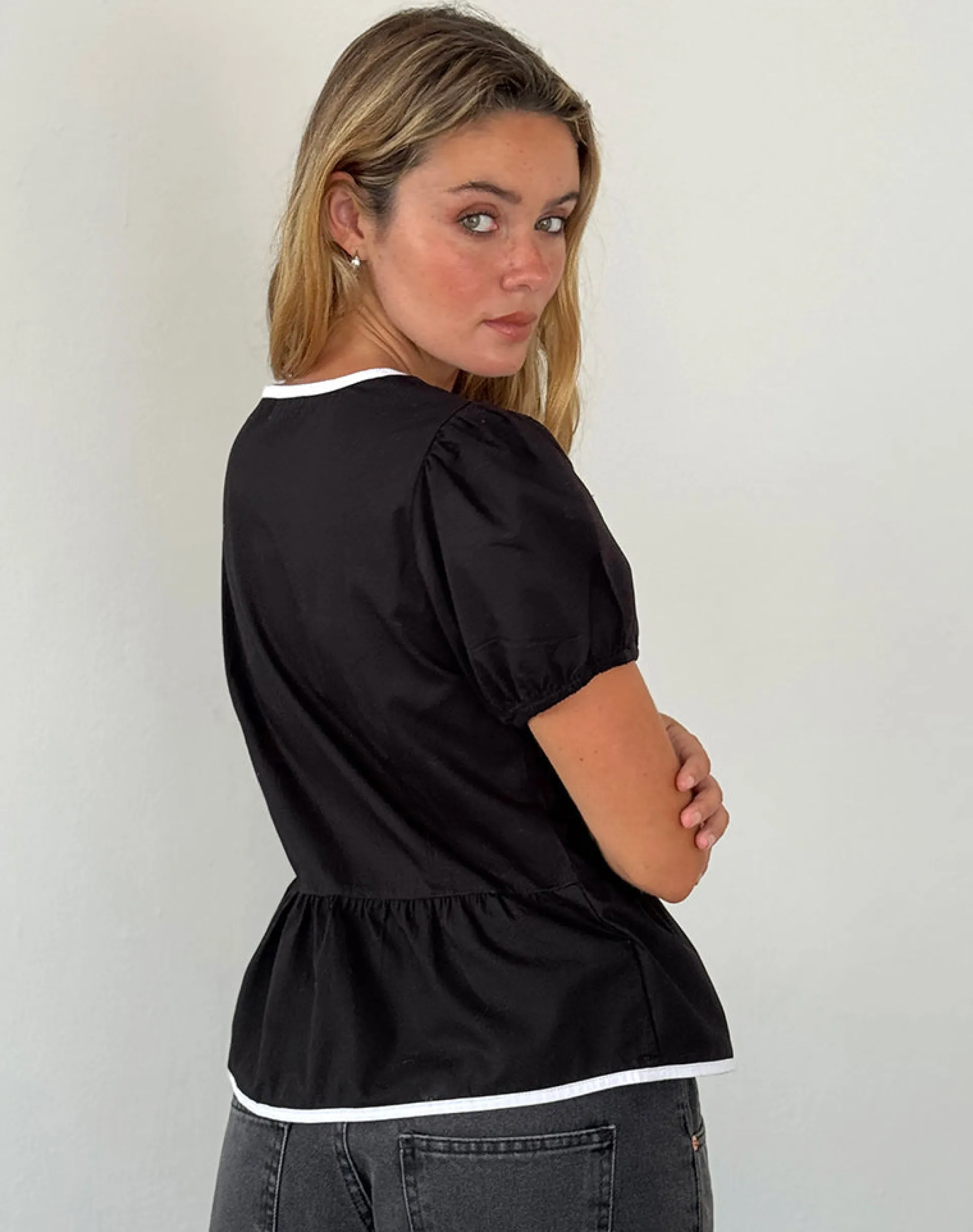 Motel Rocks Tailoring | Shirts And Blouses-Ryota Tie Front Blouse in Black with White Binding BlackwithWhiteBinding