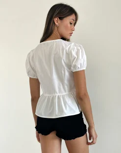 Motel Rocks Basic Tops | Going Out Tops-Ryota Tie Front Blouse in White with White Binding WhitewithWhiteBinding