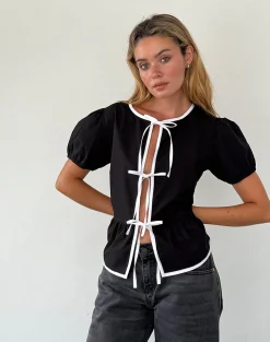 Motel Rocks Tailoring | Shirts And Blouses-Ryota Tie Front Blouse in Black with White Binding BlackwithWhiteBinding