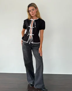 Motel Rocks Tailoring | Shirts And Blouses-Ryota Tie Front Blouse in Black with White Binding BlackwithWhiteBinding