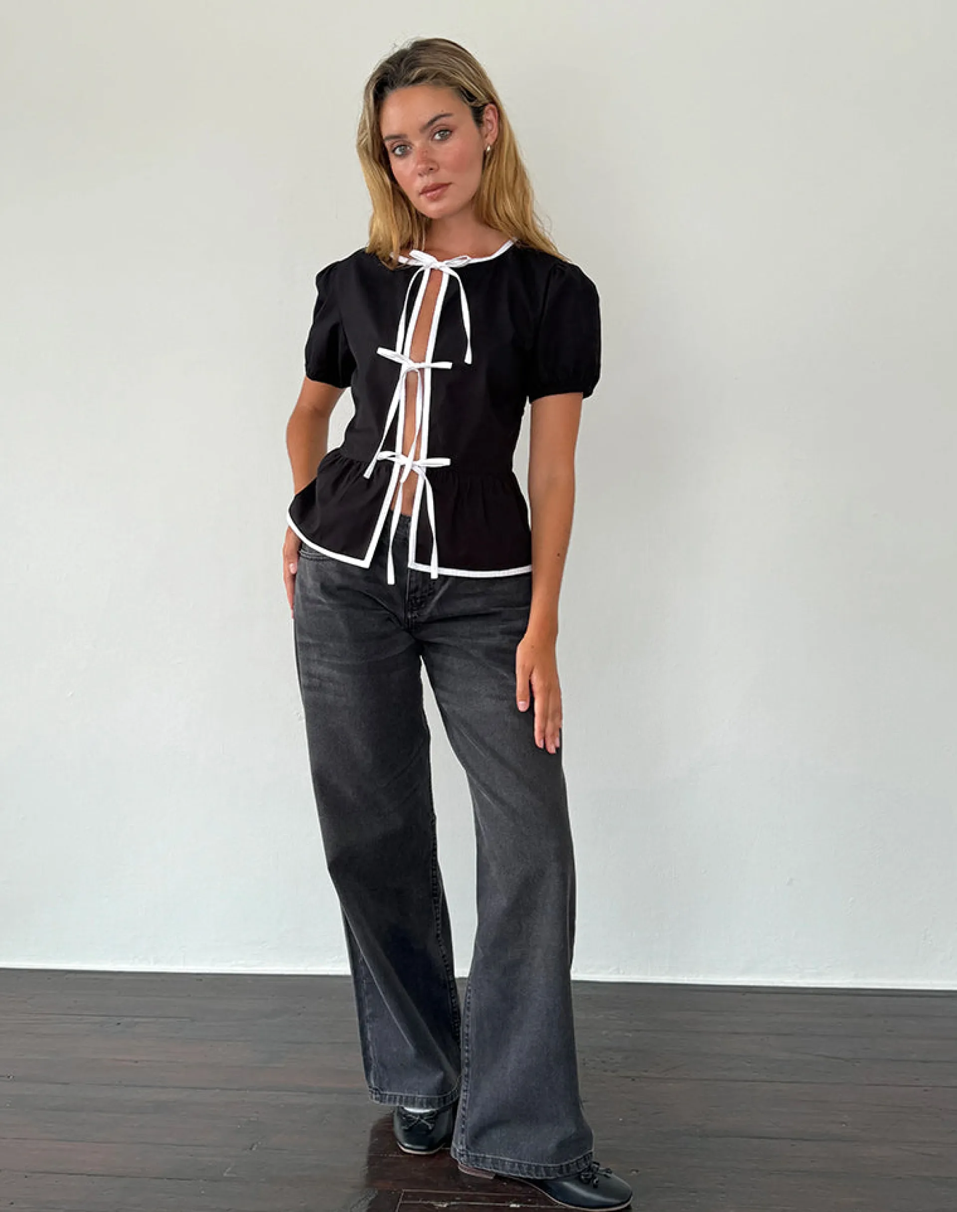 Motel Rocks Tailoring | Shirts And Blouses-Ryota Tie Front Blouse in Black with White Binding BlackwithWhiteBinding