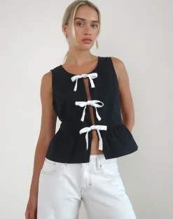 Motel Rocks Going Out Tops-Ryoti Top in Tap Shoe Black with Off White Bows