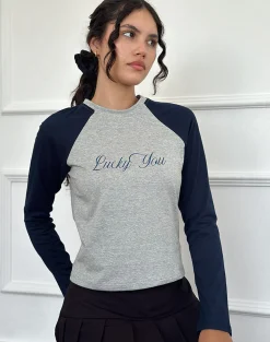 Motel Rocks Long Sleeve Tops-Sabani Top in Grey Marl Navy with Lucky You Print