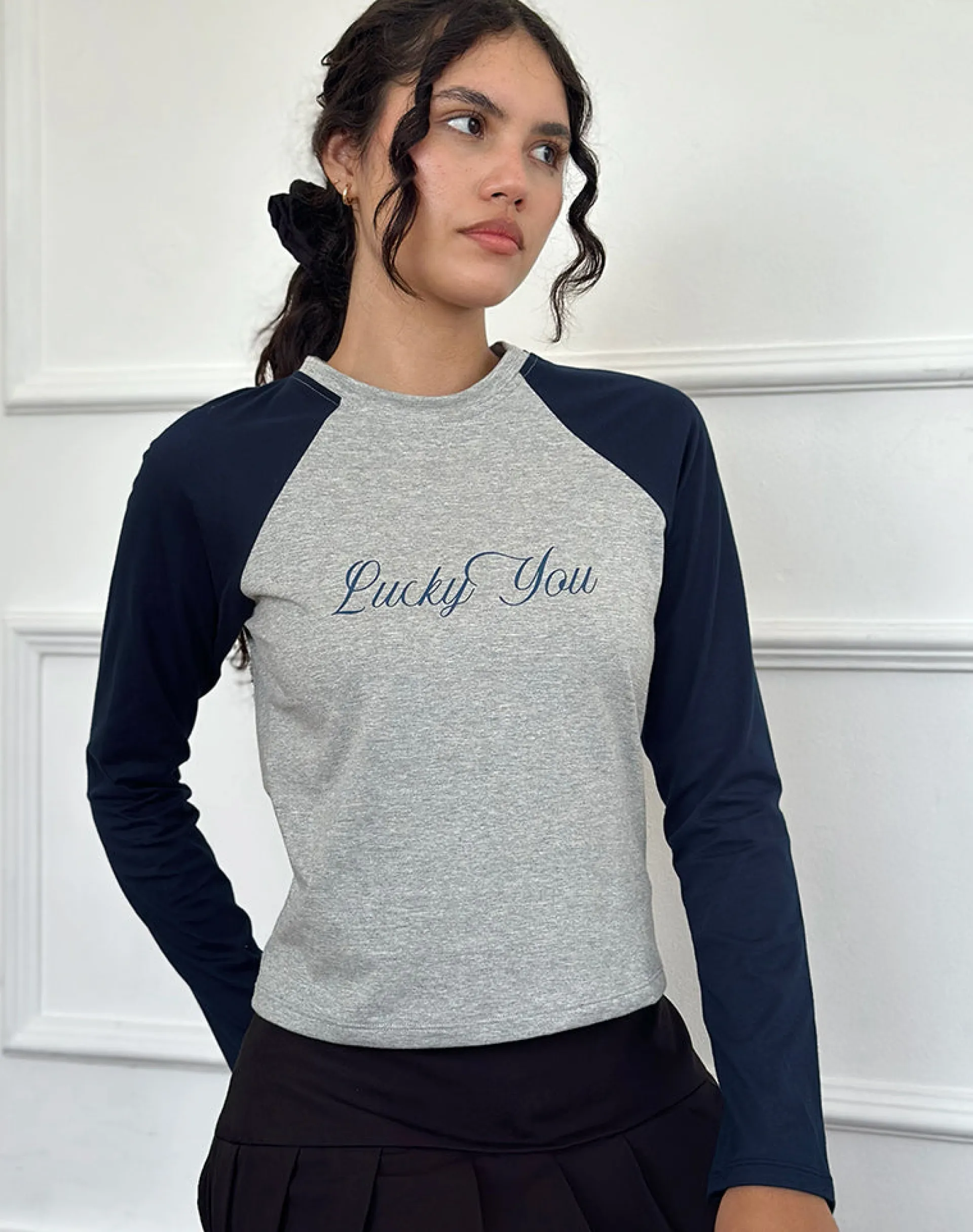 Motel Rocks Long Sleeve Tops-Sabani Top in Grey Marl Navy with Lucky You Print