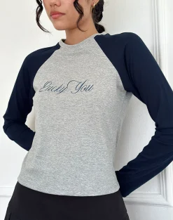Motel Rocks Long Sleeve Tops-Sabani Top in Grey Marl Navy with Lucky You Print