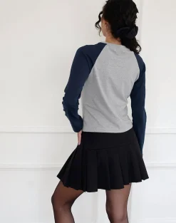 Motel Rocks Long Sleeve Tops-Sabani Top in Grey Marl Navy with Lucky You Print