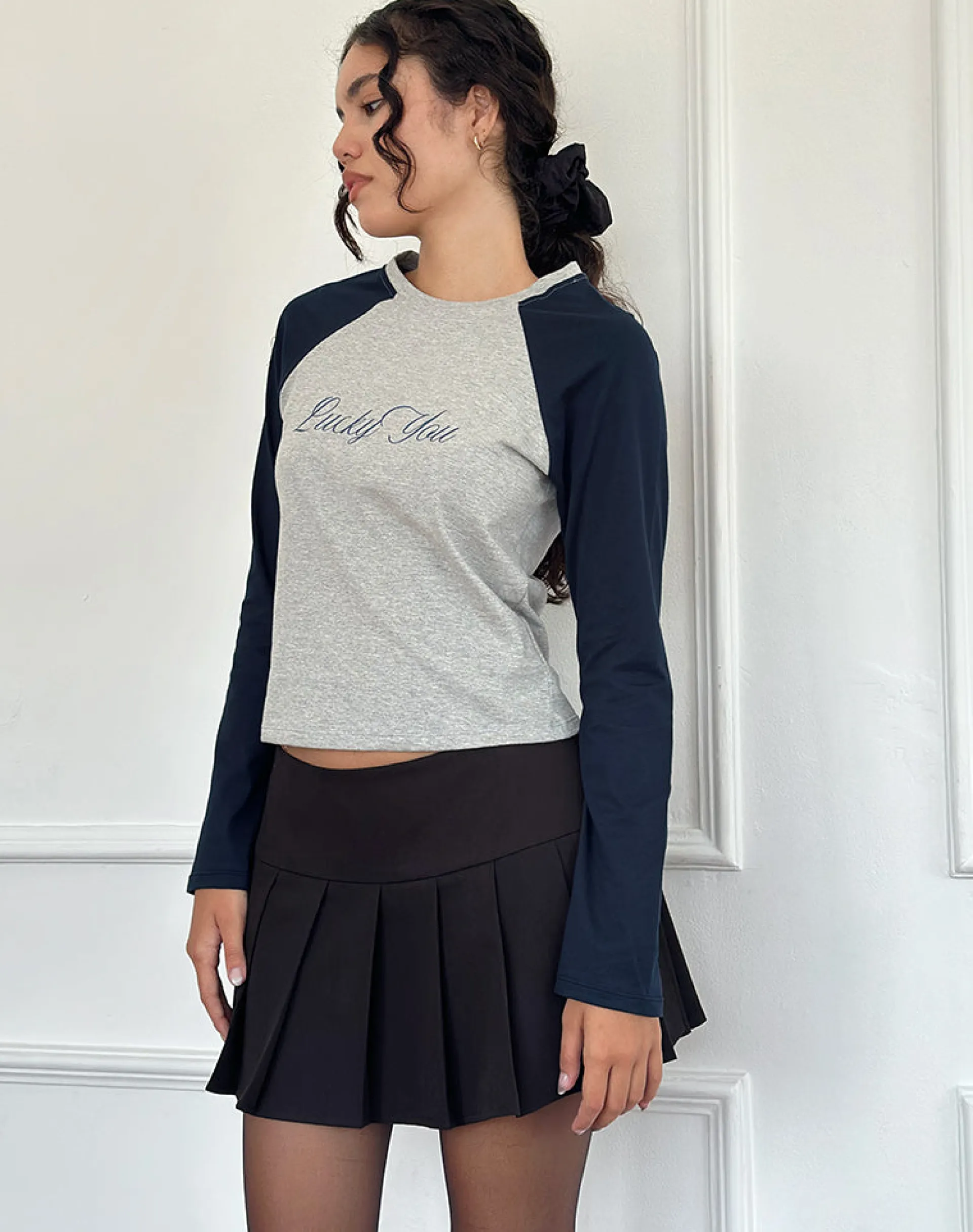 Motel Rocks Long Sleeve Tops-Sabani Top in Grey Marl Navy with Lucky You Print