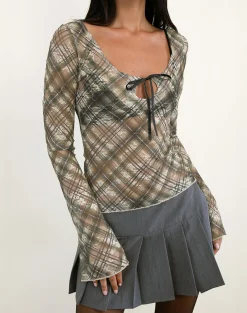 Motel Rocks Printed Tops | Long Sleeve Tops-Sada Long Sleeve Top in Printed Lace Retro Plaid PrintedLaceRetroPlaid