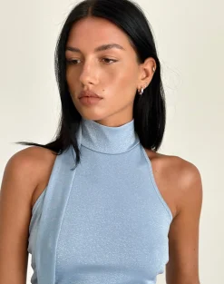 Motel Rocks Halterneck Tops | Going Out Tops-Saeran Halterneck Top in Blue Shimmer
