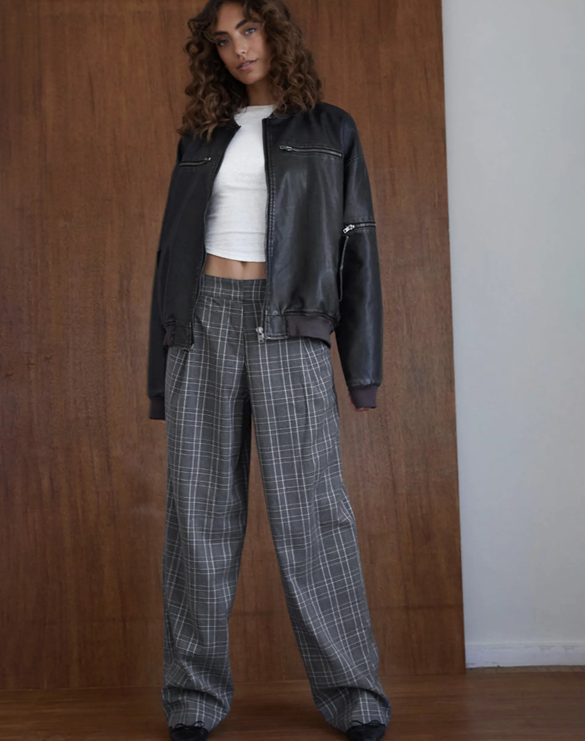 Motel Rocks Basics | Low Rise Pants-Sakaria Wide Leg Trouser in Grey Check greycheck