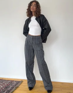 Motel Rocks Basics | Low Rise Pants-Sakaria Wide Leg Trouser in Grey Check greycheck