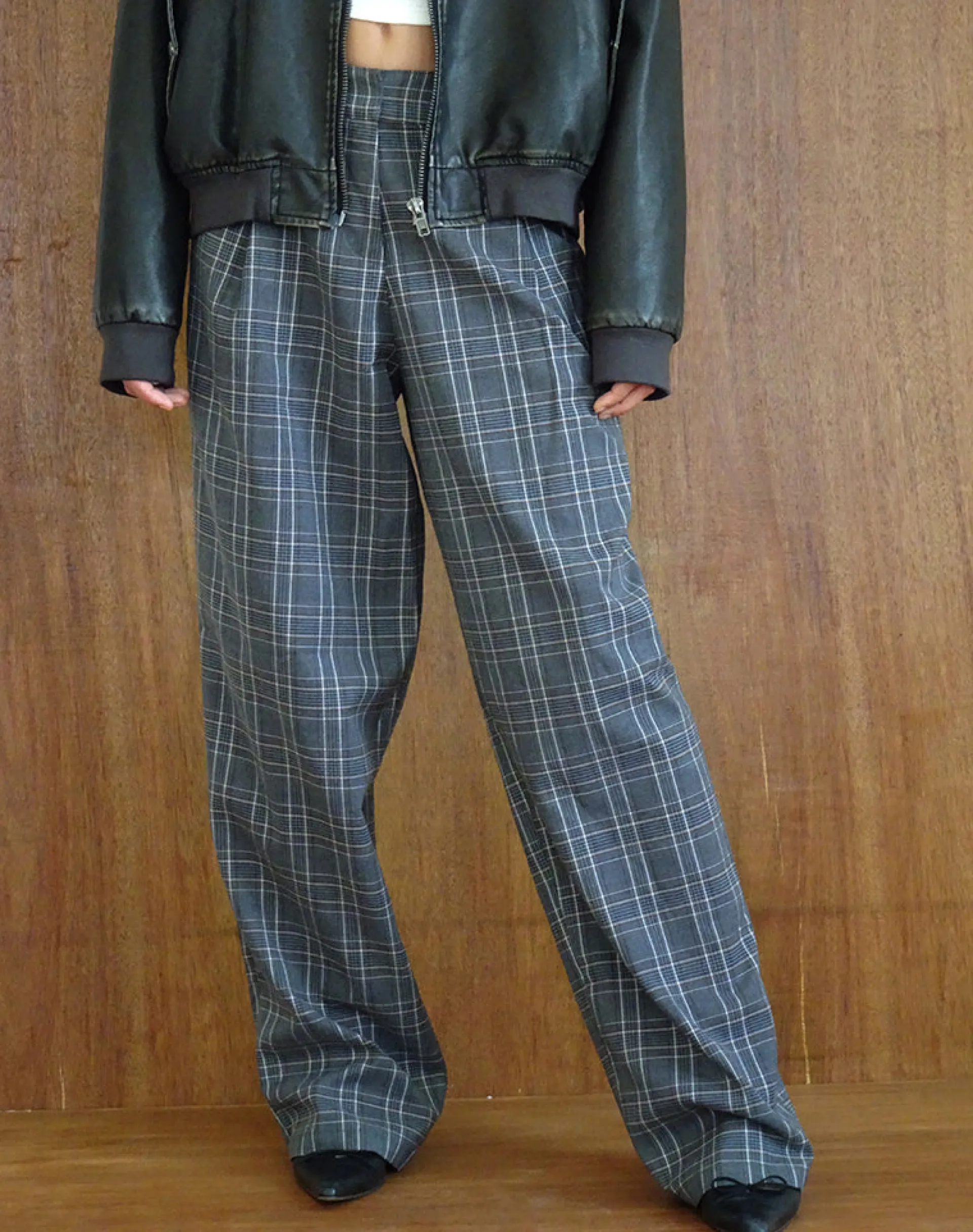 Motel Rocks Basics | Low Rise Pants-Sakaria Wide Leg Trouser in Grey Check greycheck