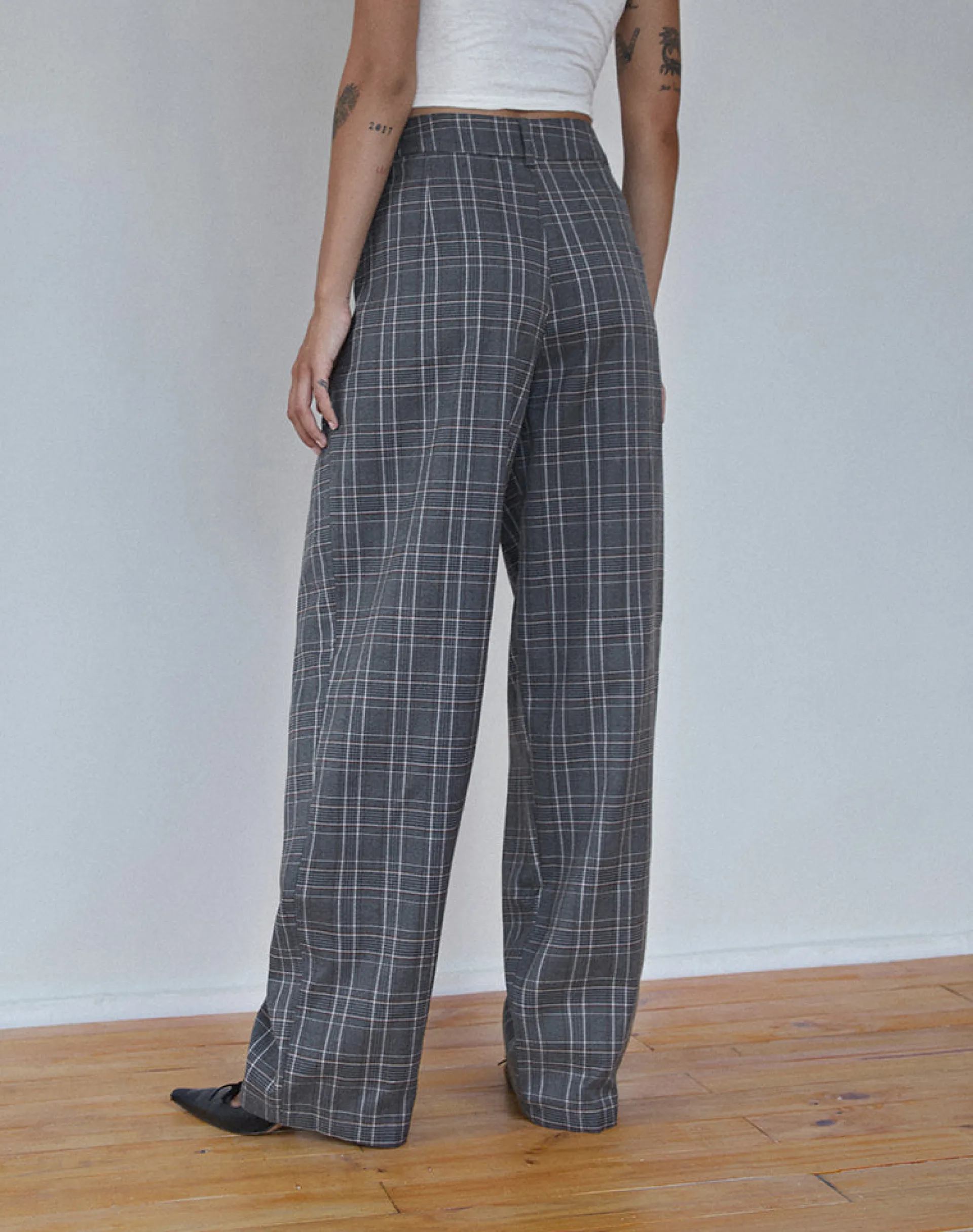 Motel Rocks Basics | Low Rise Pants-Sakaria Wide Leg Trouser in Grey Check greycheck
