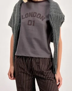 Motel Rocks Printed Tops-Sakha Boxy Tee in Dark Grey with London Print and Brown Binding DarkGreywithLondonPrintandBrownBinding