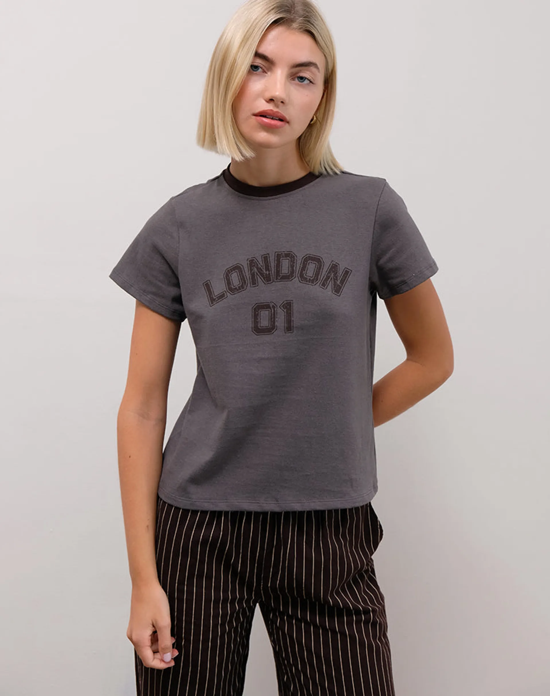 Motel Rocks Printed Tops-Sakha Boxy Tee in Dark Grey with London Print and Brown Binding DarkGreywithLondonPrintandBrownBinding
