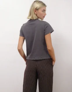 Motel Rocks Printed Tops-Sakha Boxy Tee in Dark Grey with London Print and Brown Binding DarkGreywithLondonPrintandBrownBinding