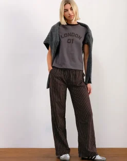 Motel Rocks Printed Tops-Sakha Boxy Tee in Dark Grey with London Print and Brown Binding DarkGreywithLondonPrintandBrownBinding